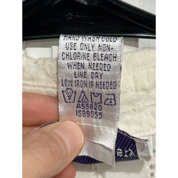 Susan Graver White Eyelet Button Down Shirt Ruched Sleeves Scalloped Hem Sz M - Picture 7 of 8